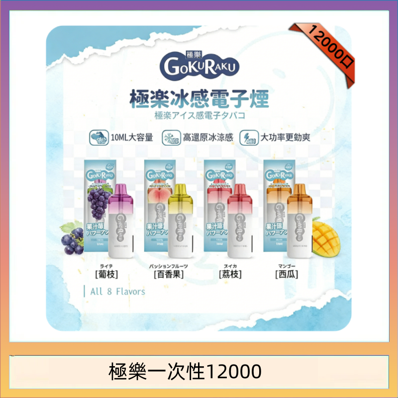 【8種口味】極楽 12000口一次性電子煙|超大容量 |口感絲滑|新品